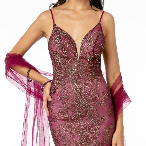 NEW LONG SLEEVELESS OFF THE SHOULDER SATIN DRESS EMBROIDERED WITH GLITTER GL2989 - Picture 4 of 12